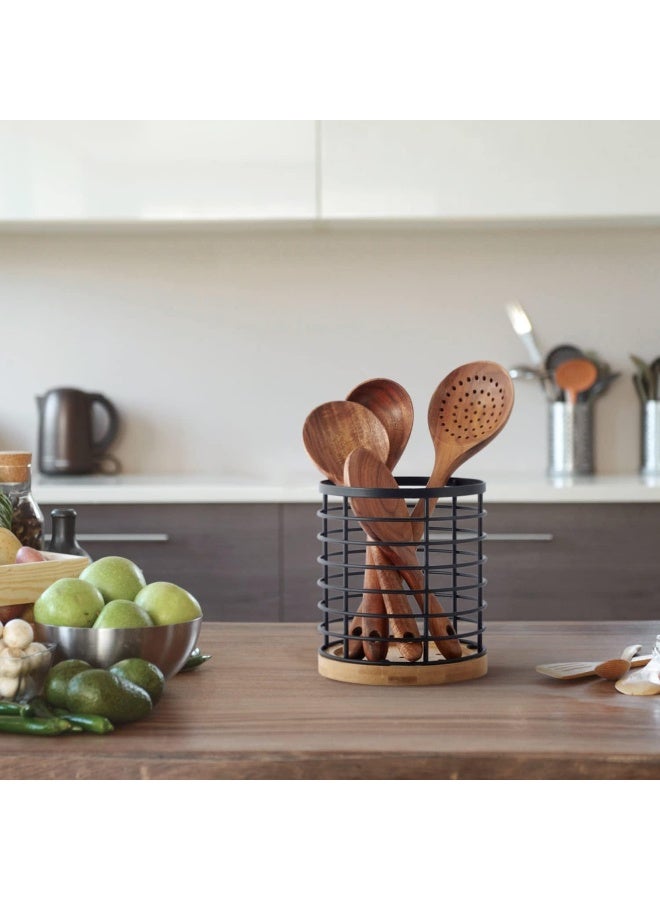 WDT Tool Utensil holder for Kitchen Counter - 5.2" x 5.2" x 6" Large Round Utensils Holder with Wooden Base Matte Black Cooking Utensil Holder，Kitchen countertop Utensil Organizer (Metal) - Image 4